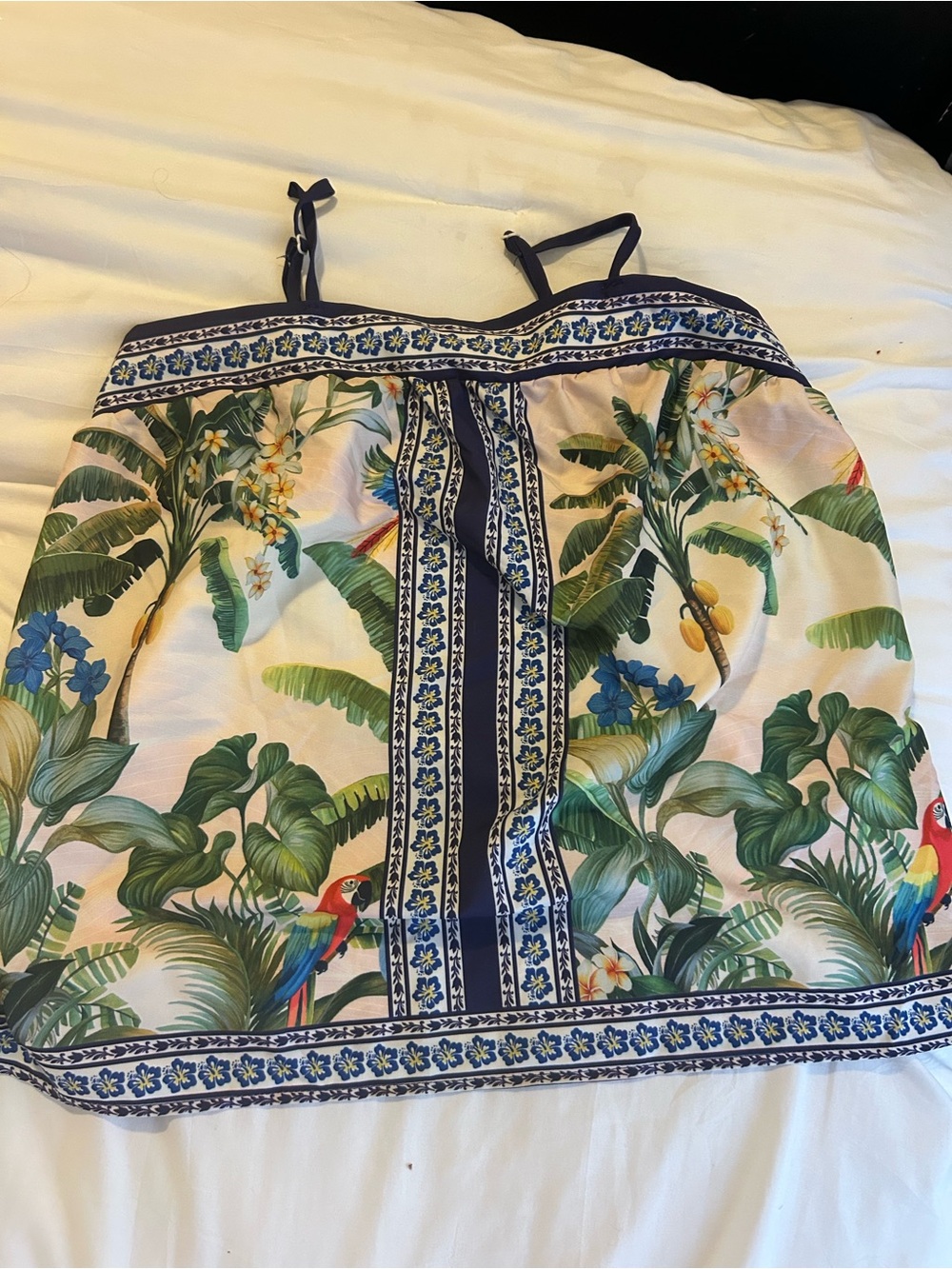 Tropical Print Women's top with straps - Navy Trim -Farm inspired